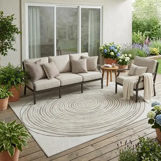 Ivory And Beige Geometric Washable Indoor Outdoor Area Rug Photo 1