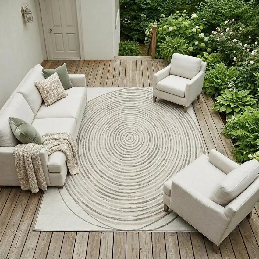Ivory And Beige Geometric Washable Indoor Outdoor Area Rug Photo 1