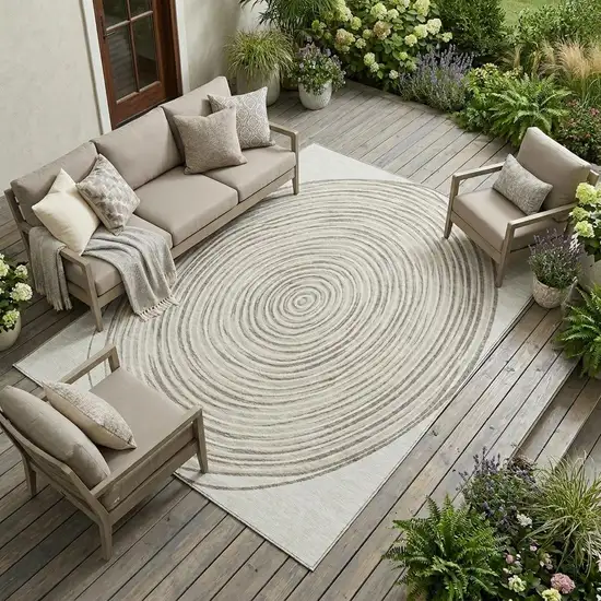 Ivory And Beige Geometric Washable Indoor Outdoor Area Rug Photo 1