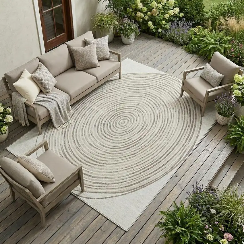 Ivory And Beige Geometric Washable Indoor Outdoor Area Rug Photo 1