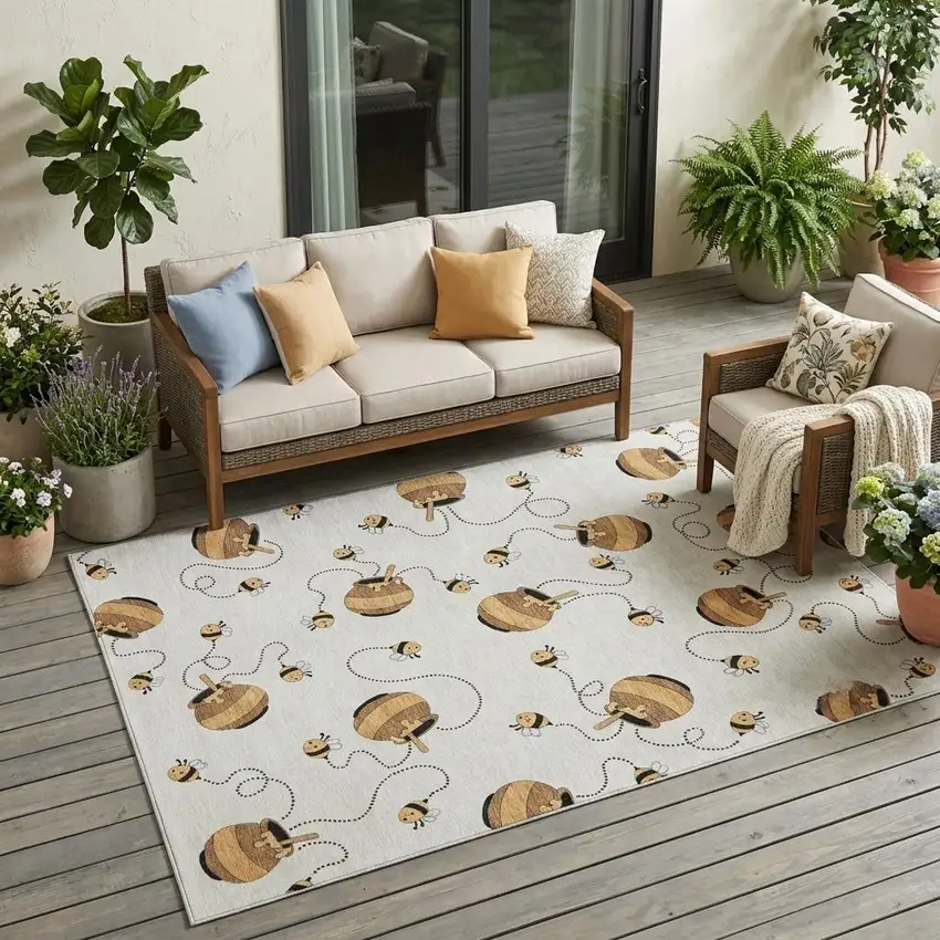 Ivory And Beige Geometric Washable Indoor Outdoor Area Rug Photo 1