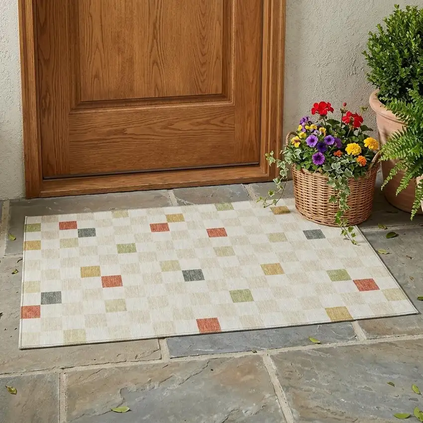 Ivory And Beige Geometric Washable Indoor Outdoor Area Rug Photo 1