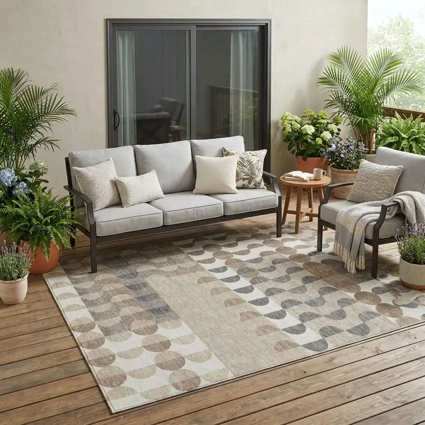 Ivory And Beige Geometric Washable Indoor Outdoor Area Rug Photo 1