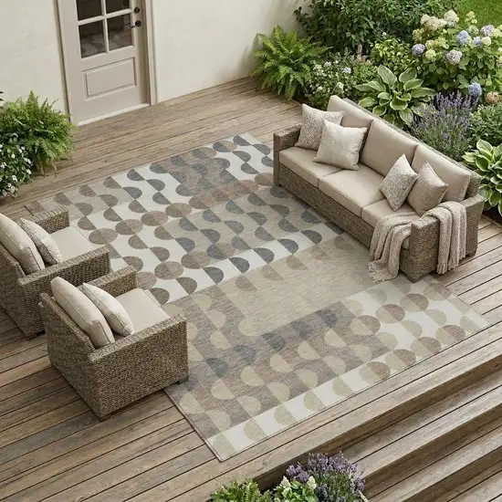 Ivory And Beige Geometric Washable Indoor Outdoor Area Rug Photo 1