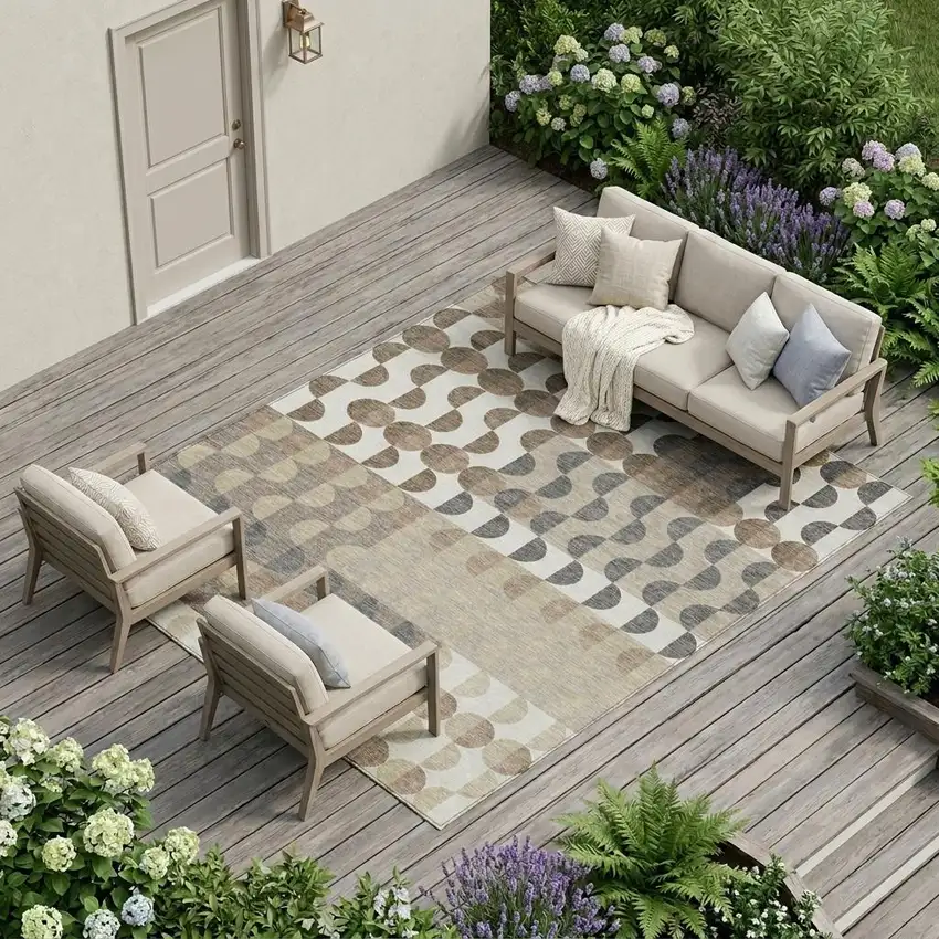 Ivory And Beige Geometric Washable Indoor Outdoor Area Rug Photo 1