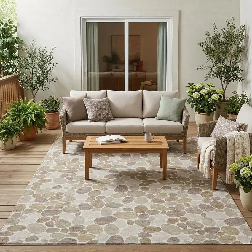 Ivory And Beige Geometric Washable Indoor Outdoor Area Rug Photo 1