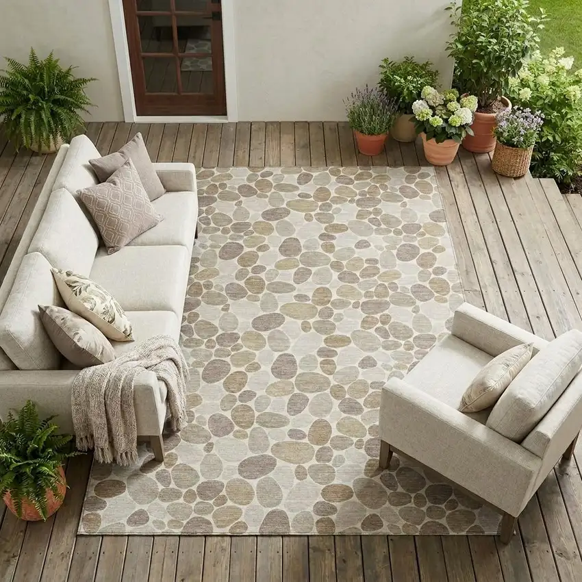 Ivory And Beige Geometric Washable Indoor Outdoor Area Rug Photo 1