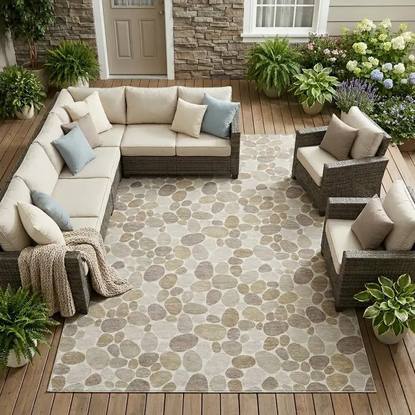 Ivory And Beige Geometric Washable Indoor Outdoor Area Rug Photo 1