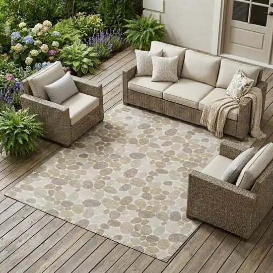 Ivory And Beige Geometric Washable Indoor Outdoor Area Rug Photo 1