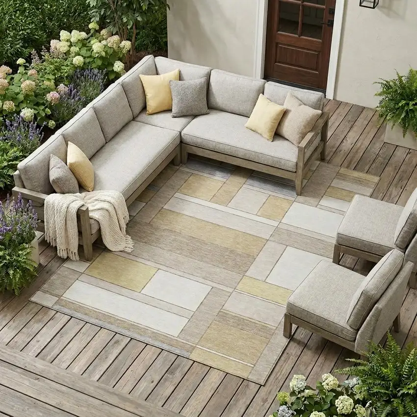 Ivory And Beige Geometric Washable Indoor Outdoor Area Rug Photo 1