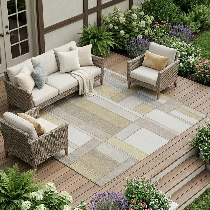 Ivory And Beige Geometric Washable Indoor Outdoor Area Rug Photo 1