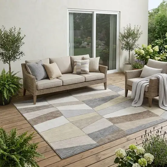 Ivory And Beige Geometric Washable Indoor Outdoor Area Rug Photo 1