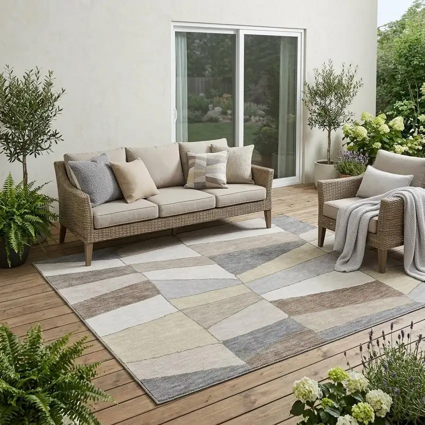 Ivory And Beige Geometric Washable Indoor Outdoor Area Rug Photo 1