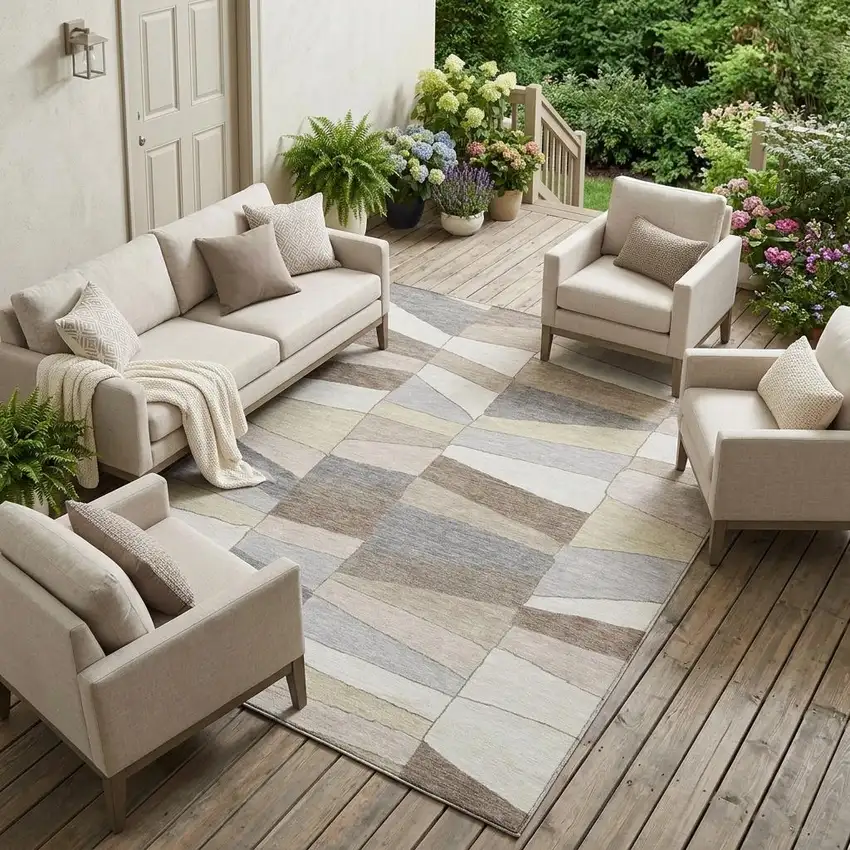 Ivory And Beige Geometric Washable Indoor Outdoor Area Rug Photo 1