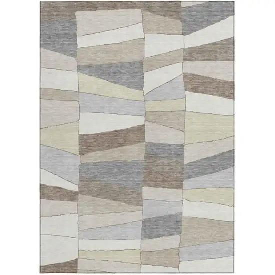 Ivory And Beige Geometric Washable Indoor Outdoor Area Rug Photo 2