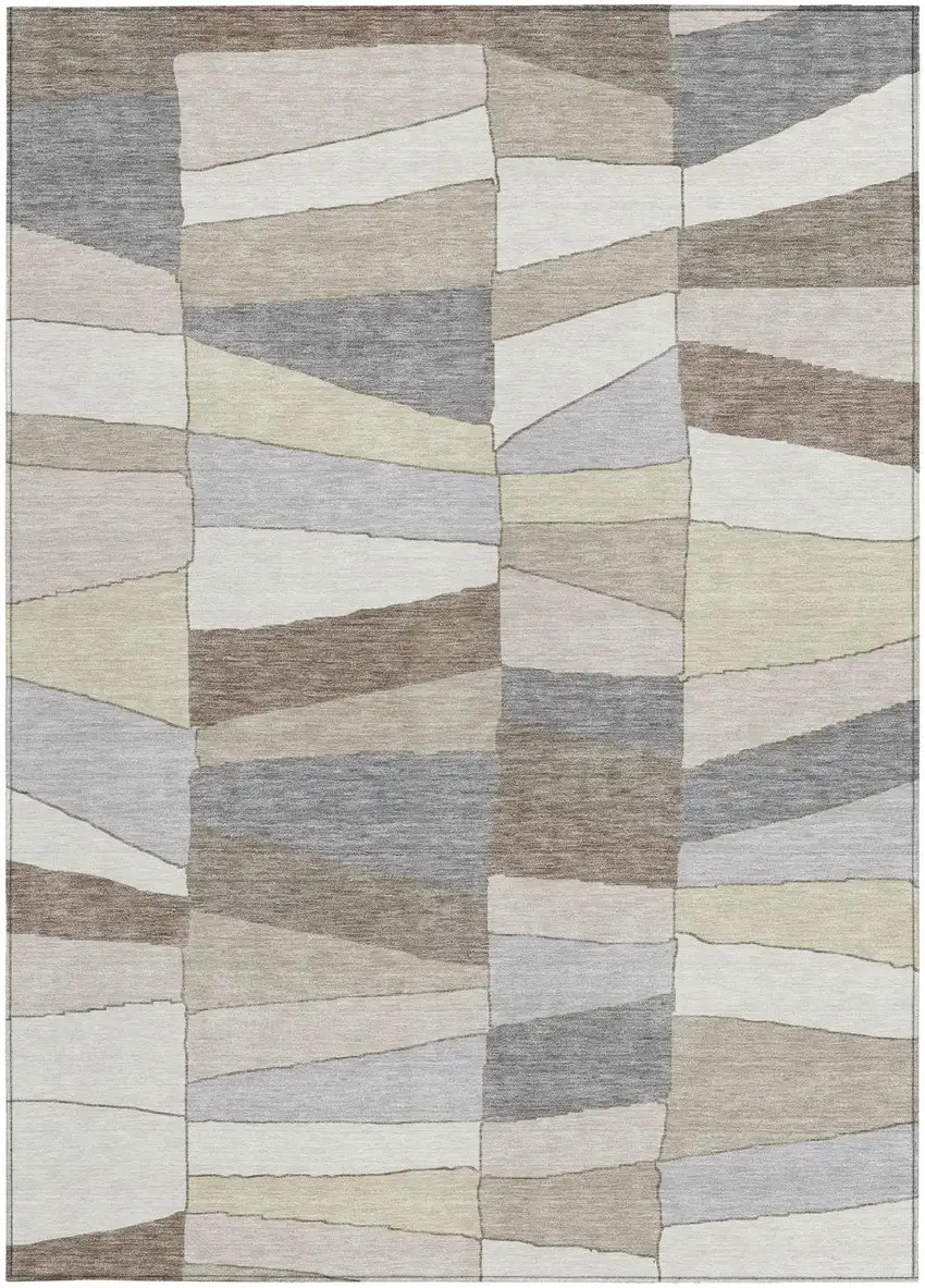 Ivory And Beige Geometric Washable Indoor Outdoor Area Rug Photo 2
