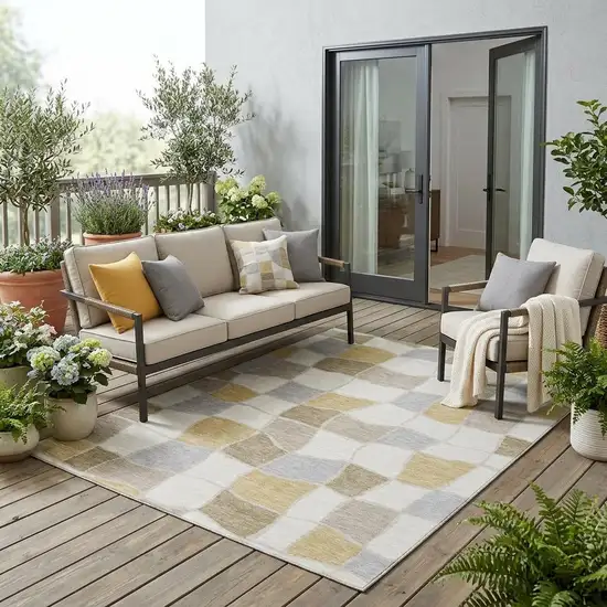 Ivory And Beige Geometric Washable Indoor Outdoor Area Rug Photo 1