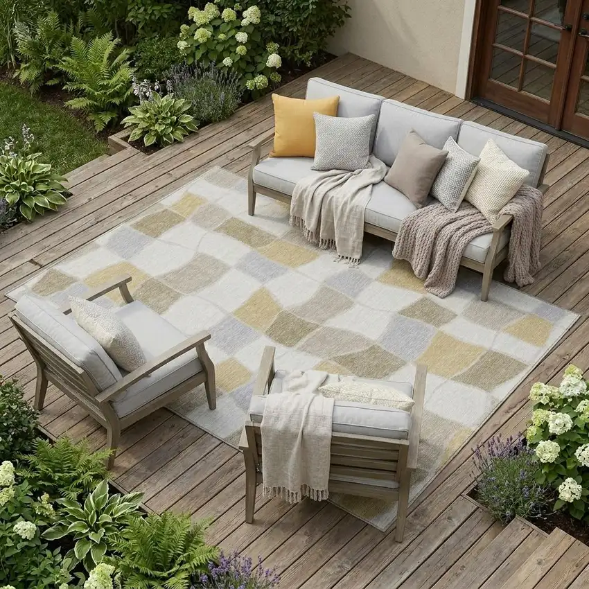 Ivory And Beige Geometric Washable Indoor Outdoor Area Rug Photo 1