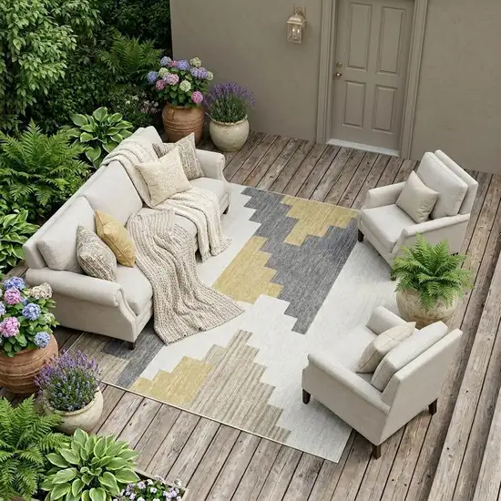 Ivory And Beige Geometric Washable Indoor Outdoor Area Rug Photo 1