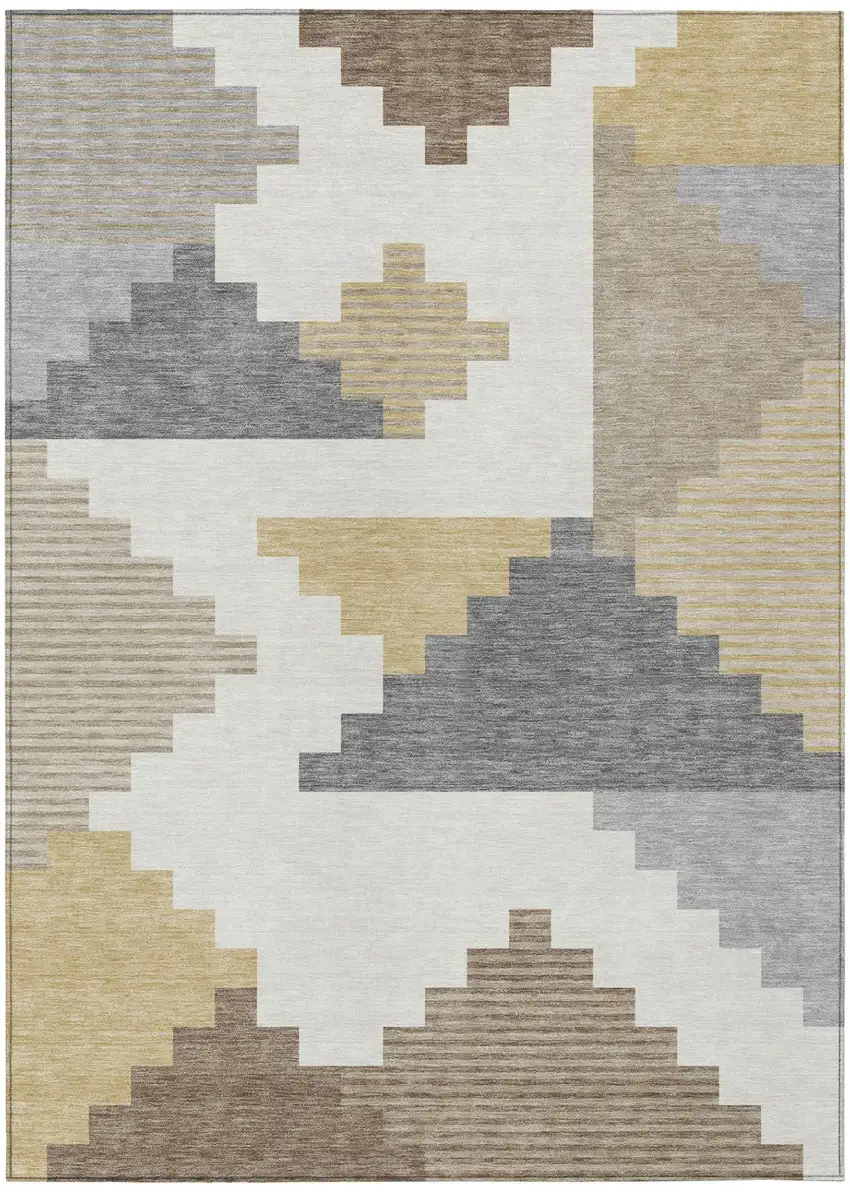 Ivory And Beige Geometric Washable Indoor Outdoor Area Rug Photo 3