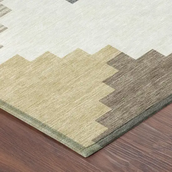 Ivory And Beige Geometric Washable Indoor Outdoor Area Rug Photo 4