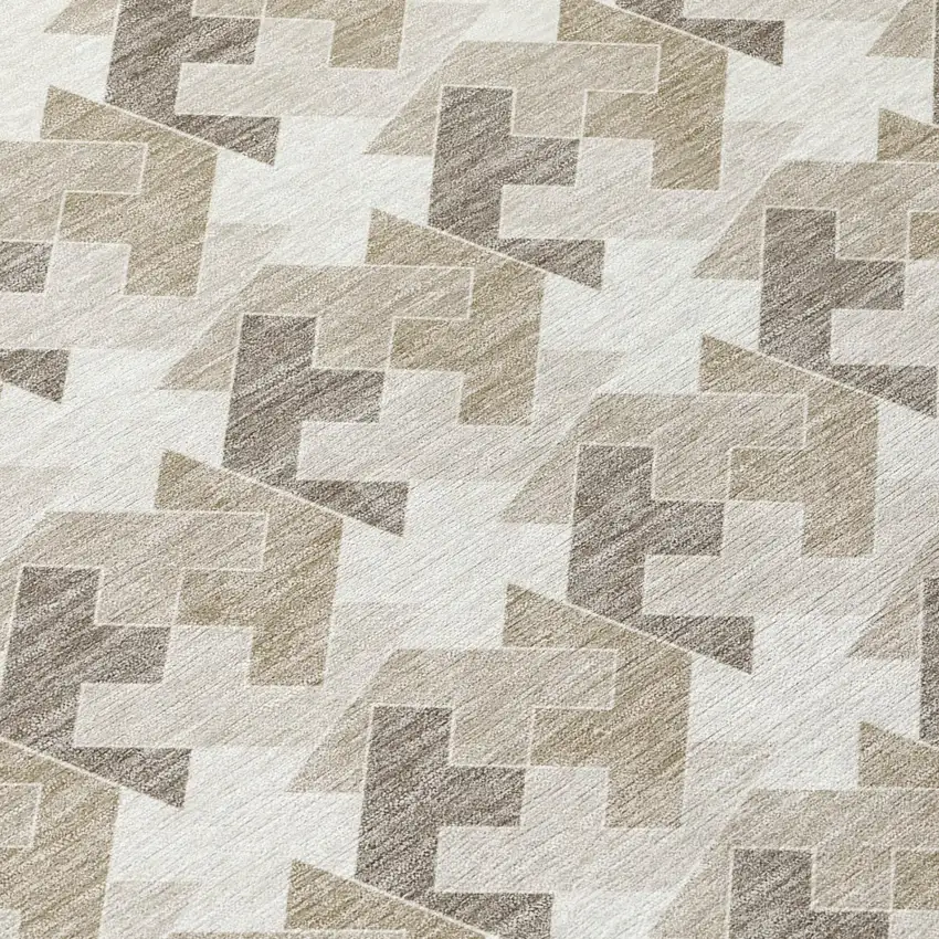 Ivory And Beige Geometric Washable Indoor Outdoor Area Rug Photo 4