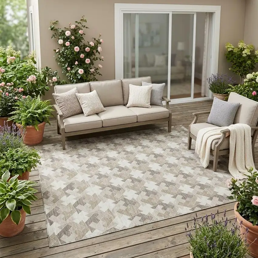 Ivory And Beige Geometric Washable Indoor Outdoor Area Rug Photo 1