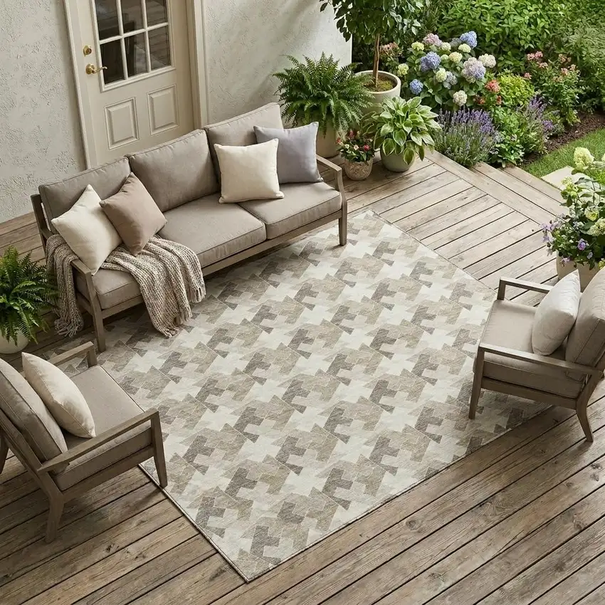 Ivory And Beige Geometric Washable Indoor Outdoor Area Rug Photo 1