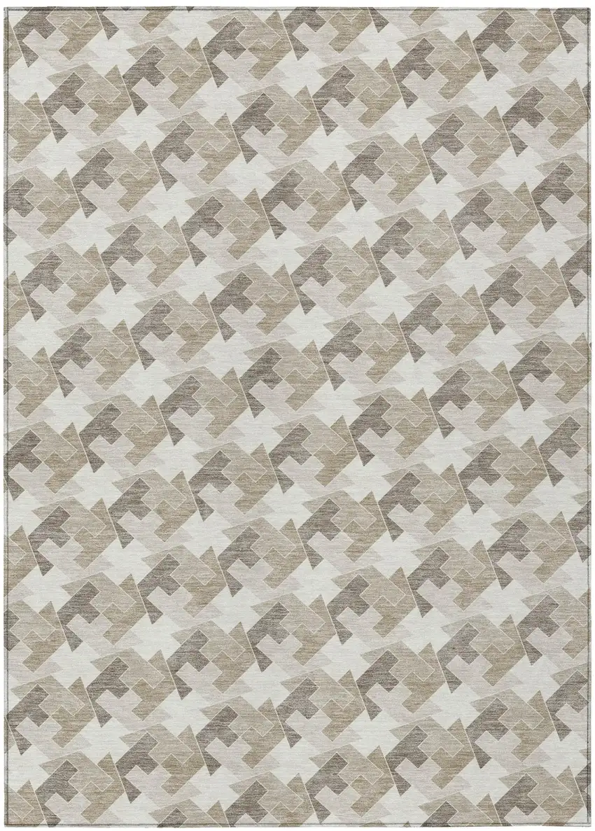 Ivory And Beige Geometric Washable Indoor Outdoor Area Rug Photo 2