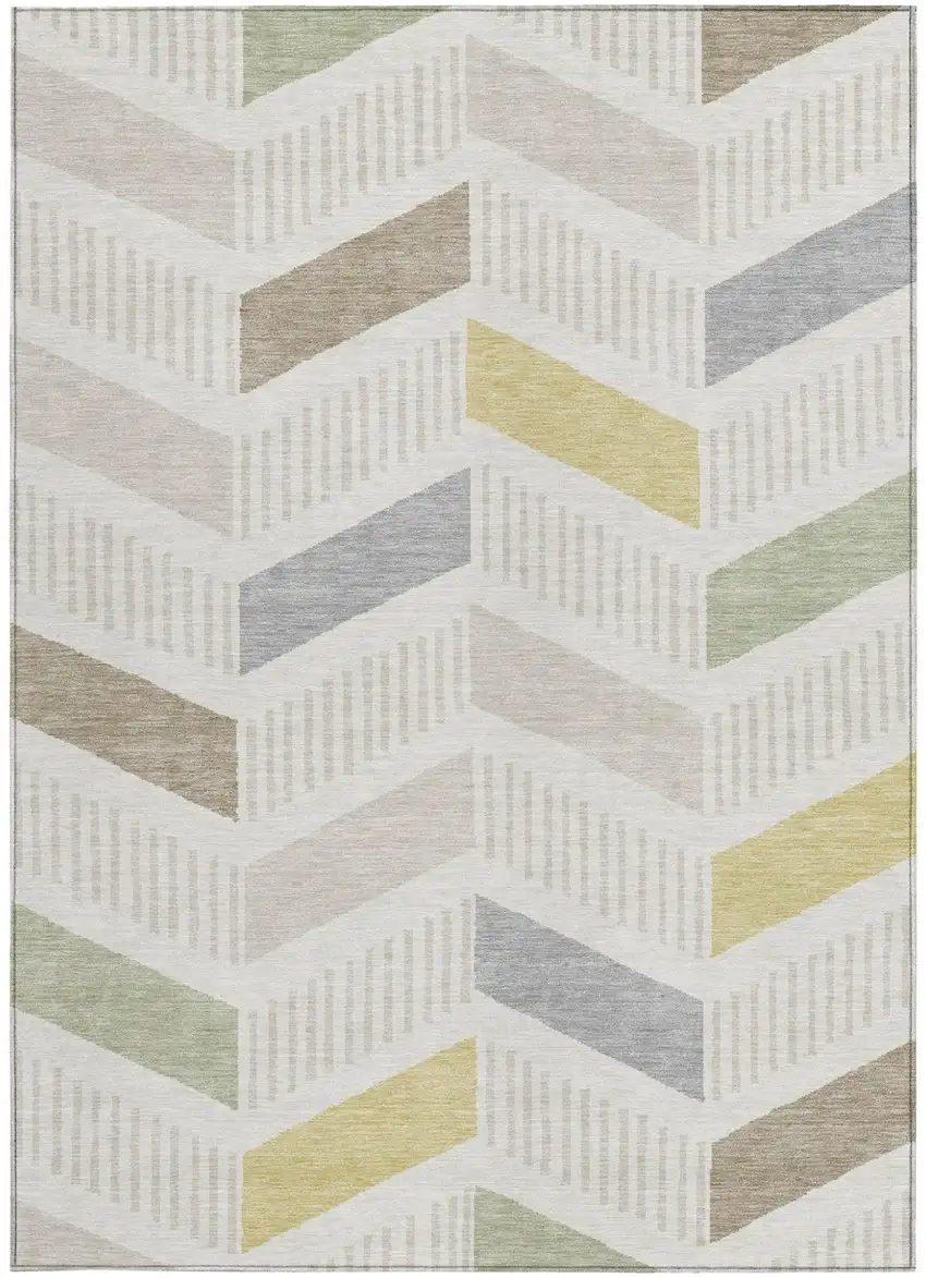 Ivory And Beige Geometric Washable Indoor Outdoor Area Rug Photo 3