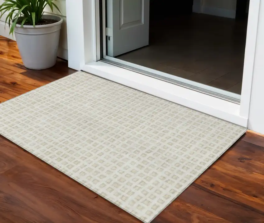 Ivory And Beige Geometric Washable Indoor Outdoor Area Rug Photo 1