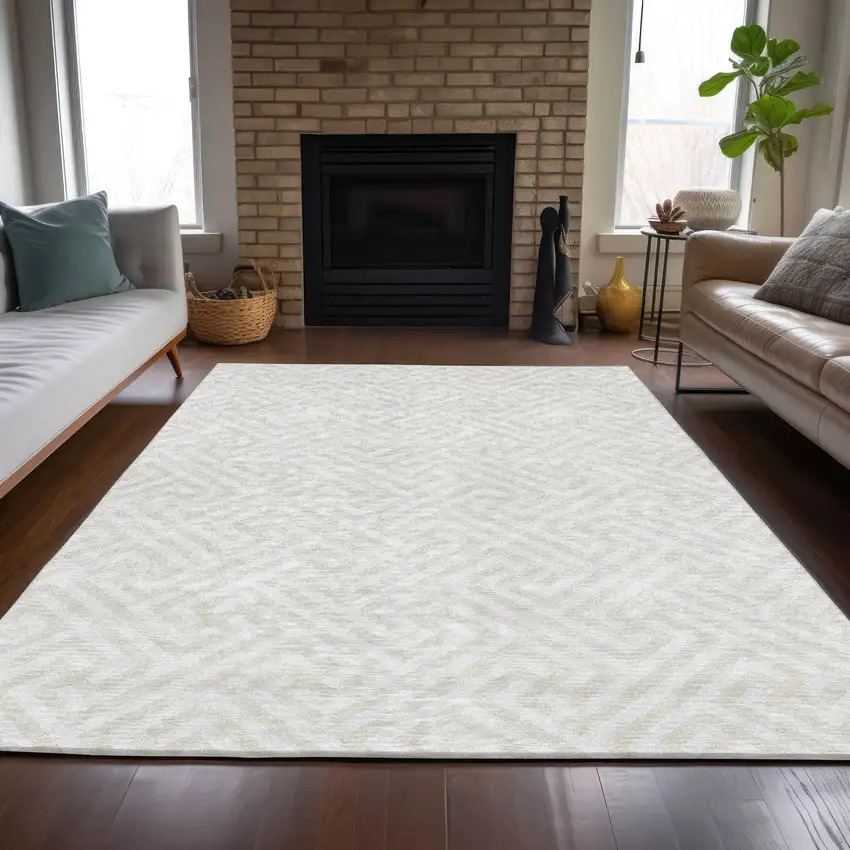 Ivory And Beige Geometric Washable Indoor Outdoor Area Rug Photo 7