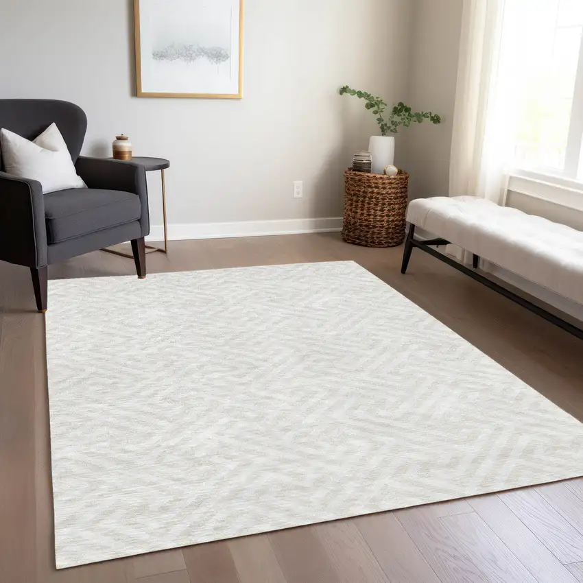 Ivory And Beige Geometric Washable Indoor Outdoor Area Rug Photo 8