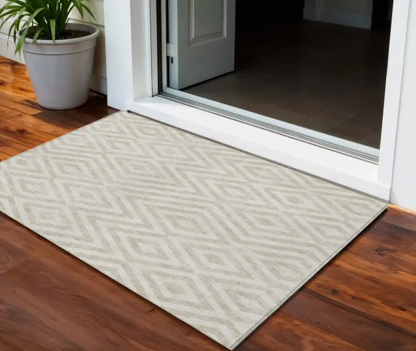 Ivory And Beige Geometric Washable Indoor Outdoor Area Rug Photo 1
