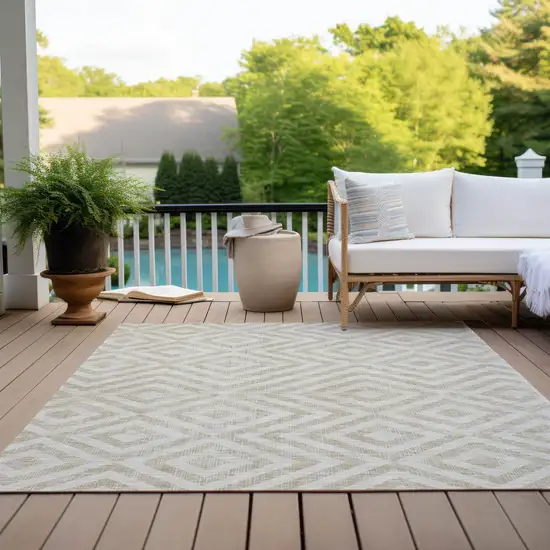Ivory And Beige Geometric Washable Indoor Outdoor Area Rug Photo 9