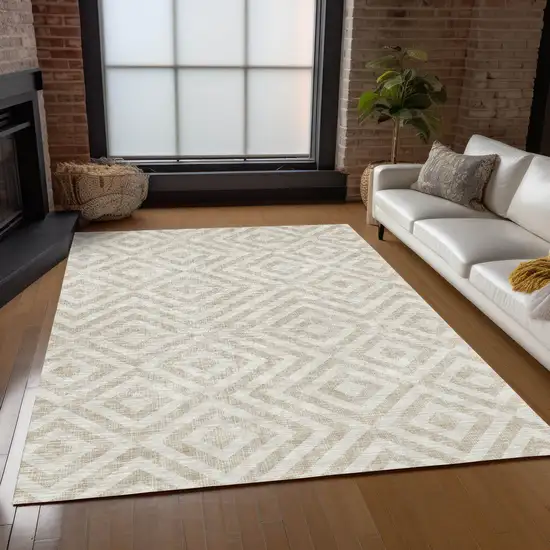 Ivory And Beige Geometric Washable Indoor Outdoor Area Rug Photo 7