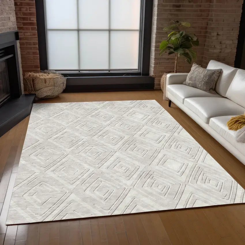 Ivory And Beige Geometric Washable Indoor Outdoor Area Rug Photo 9
