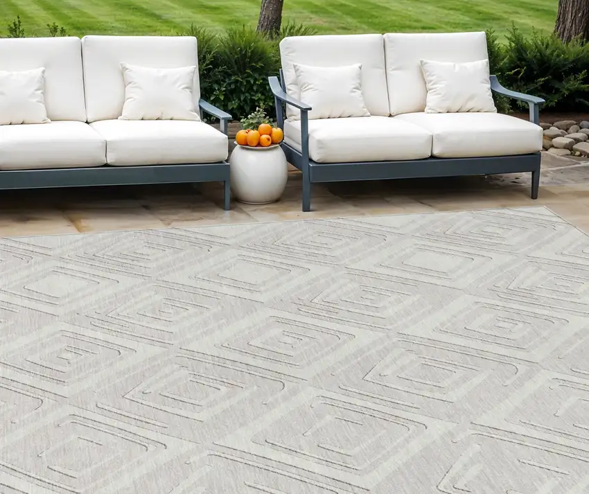Ivory And Beige Geometric Washable Indoor Outdoor Area Rug Photo 1