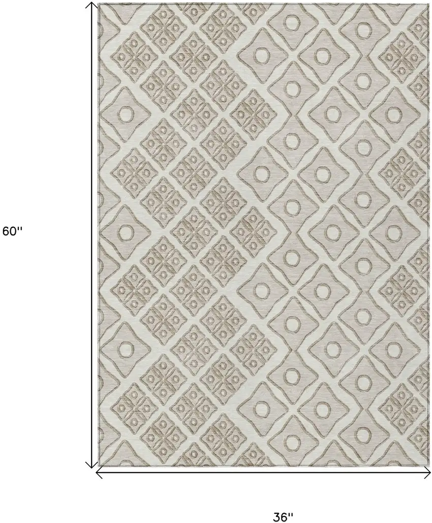Ivory And Beige Geometric Washable Indoor Outdoor Area Rug Photo 3