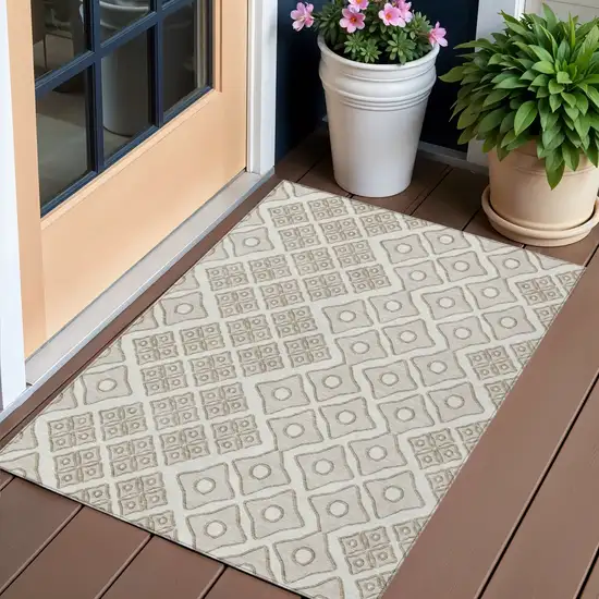 Ivory And Beige Geometric Washable Indoor Outdoor Area Rug Photo 1