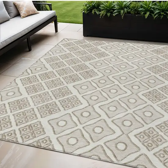 Ivory And Beige Geometric Washable Indoor Outdoor Area Rug Photo 1