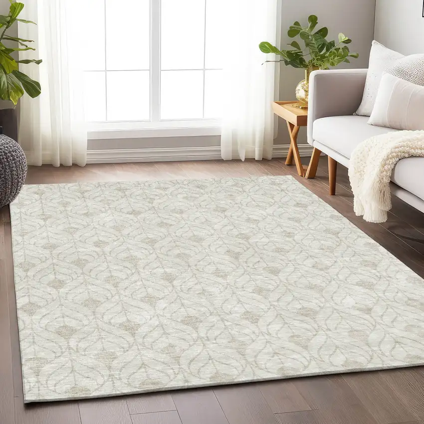 Ivory And Beige Geometric Washable Indoor Outdoor Area Rug Photo 8