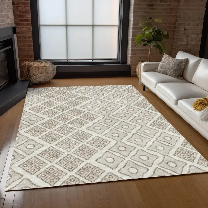 Ivory And Beige Geometric Washable Indoor Outdoor Area Rug Photo 9