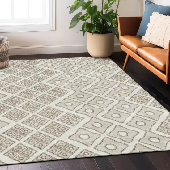 Ivory And Beige Geometric Washable Indoor Outdoor Area Rug Photo 8