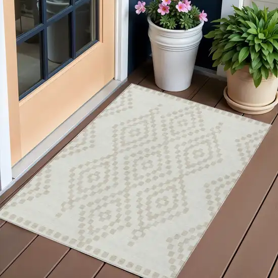 Ivory And Beige Geometric Washable Indoor Outdoor Area Rug Photo 1