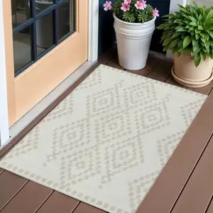 Photo of Ivory And Beige Geometric Washable Indoor Outdoor Area Rug