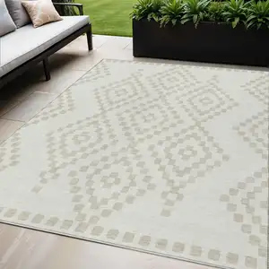 Photo of Ivory And Beige Geometric Washable Indoor Outdoor Area Rug