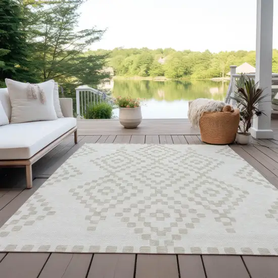 Ivory And Beige Geometric Washable Indoor Outdoor Area Rug Photo 9