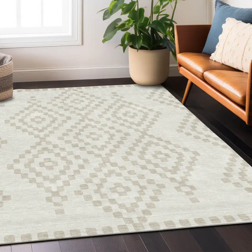 Ivory And Beige Geometric Washable Indoor Outdoor Area Rug Photo 9