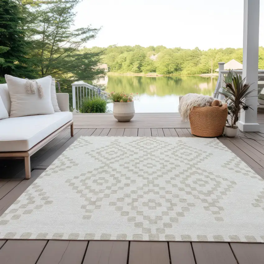 Ivory And Beige Geometric Washable Indoor Outdoor Area Rug Photo 9